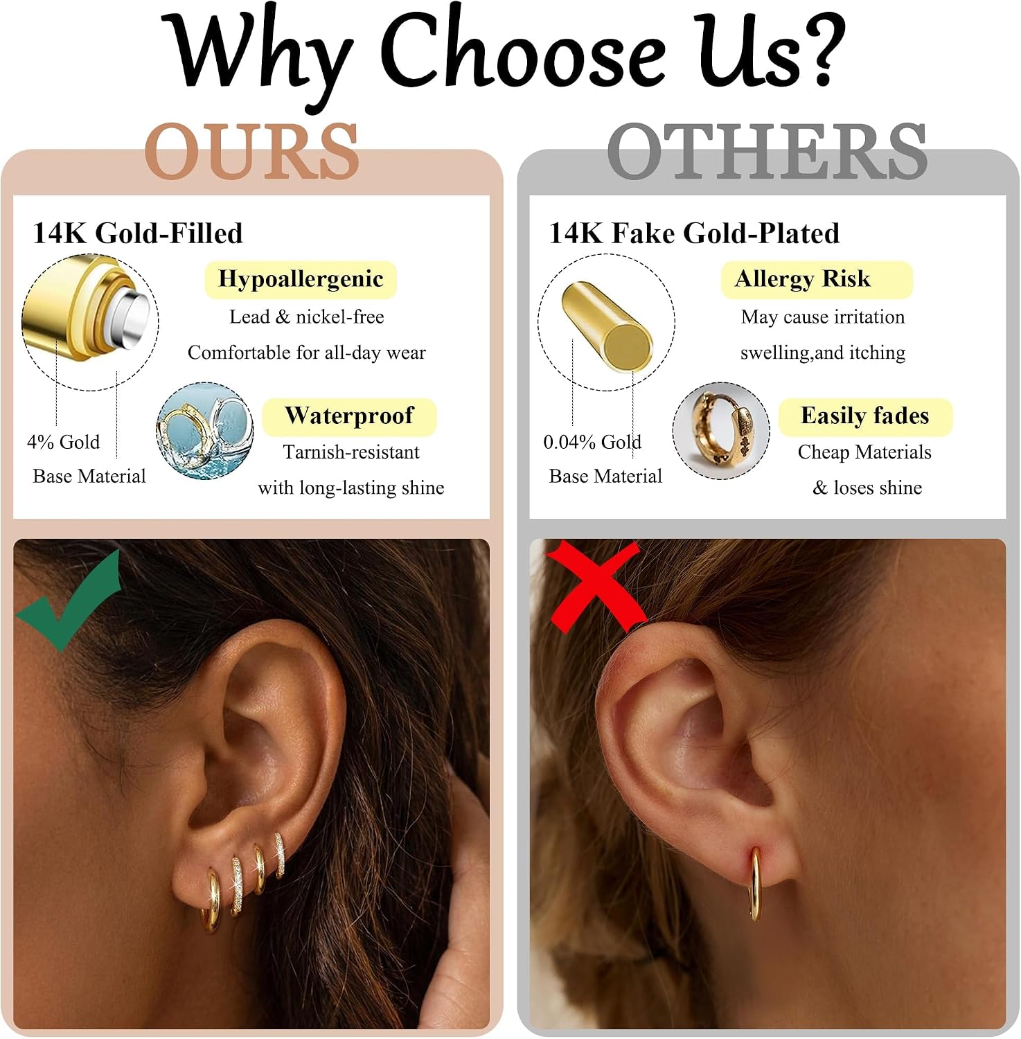 Detalle de ATTILA 4 Pairs 14K Gold Plated Hoop Earrings for Women – 8/8/10/12 mm, 925 Silver Posts