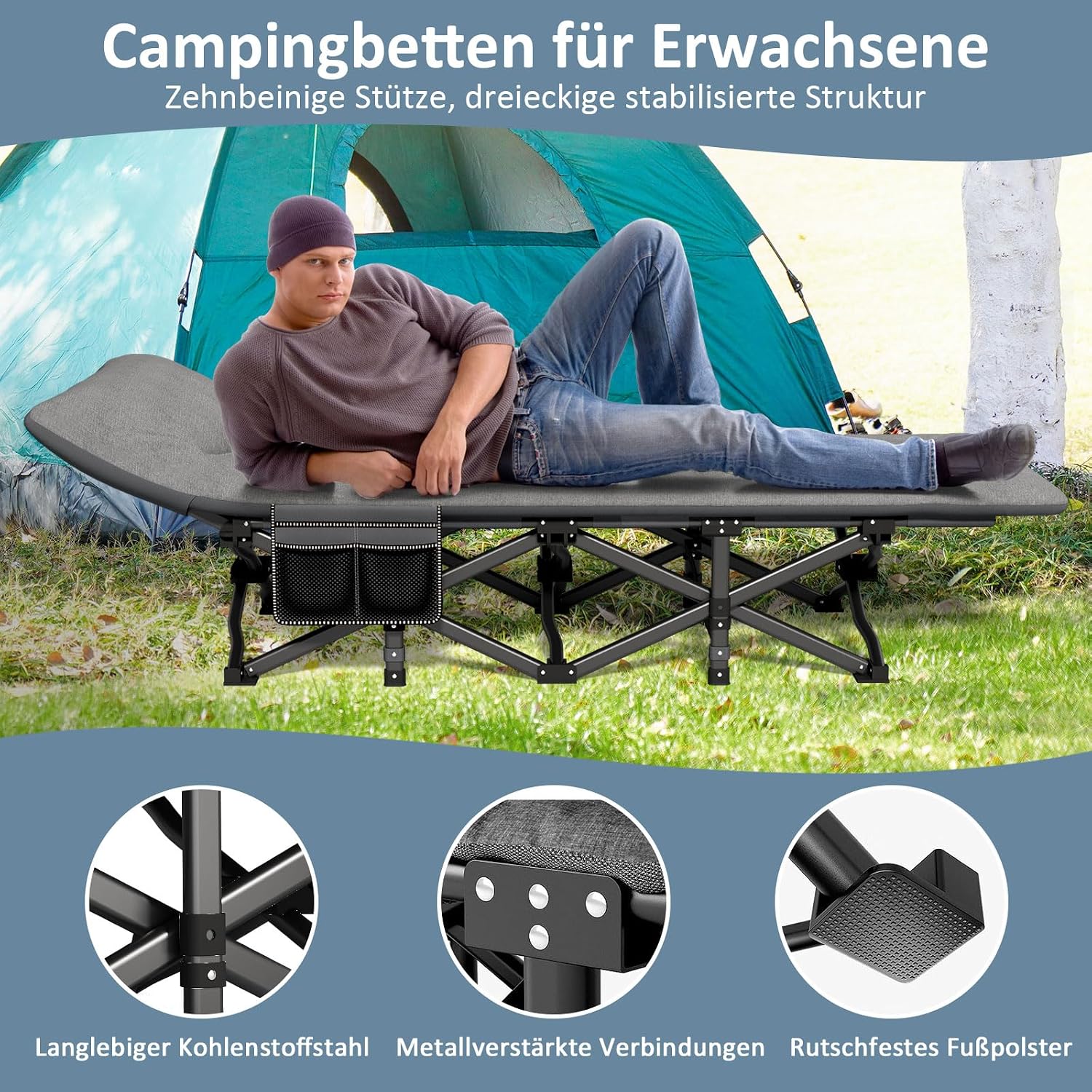 Detalle 2 de Mopaicot Furn faltbares Campingbett (Feldbett) bis 200 kg – mit integriertem Kissen für Indoor, Outdoor & Garten