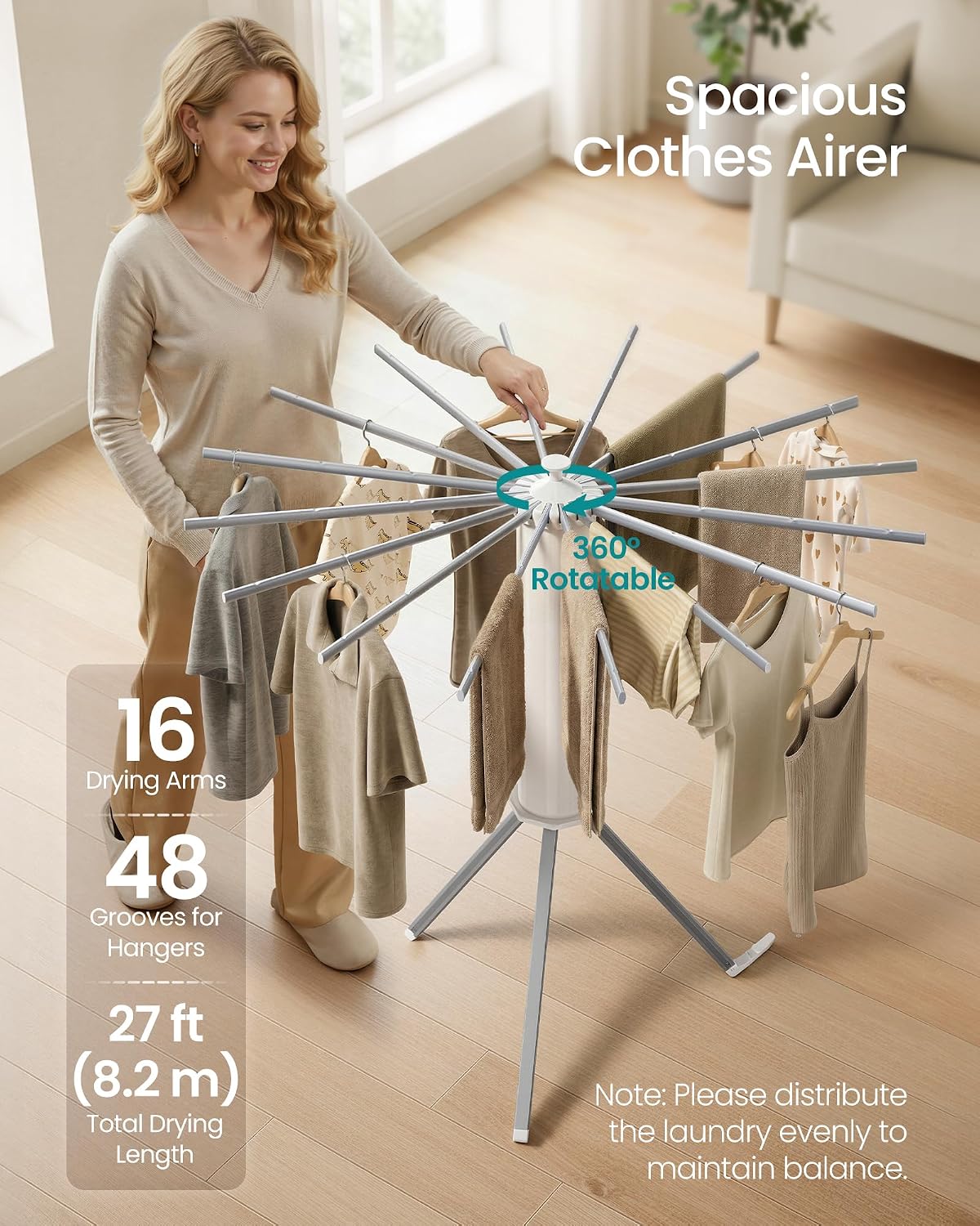 Detalle de SONGMICS ULLR531EW01 Foldable Clothes Drying Rack, 16 Arms, Rotatable
