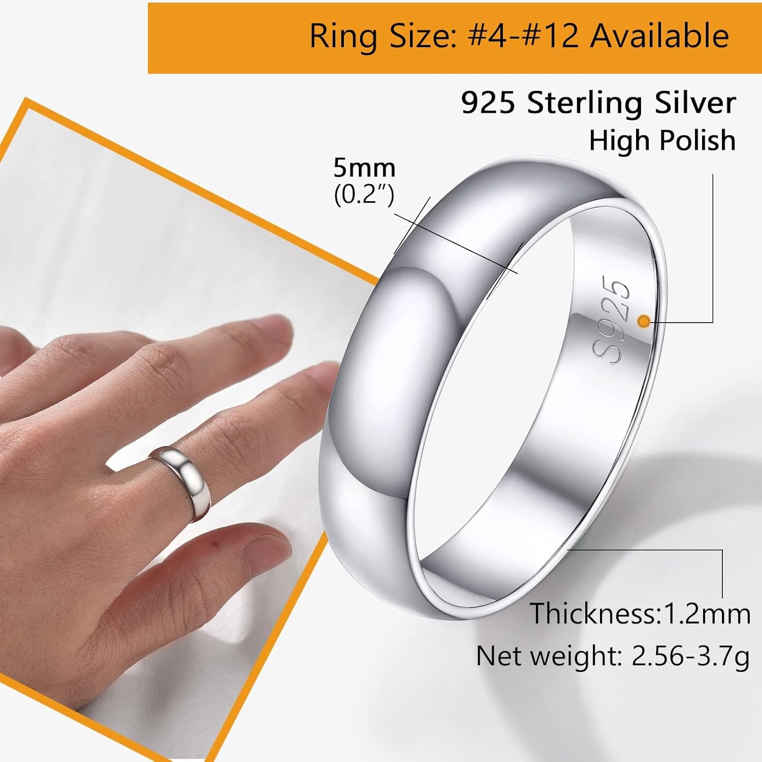 Thumbnail 5 de PROSILVER Bague anneau 5 mm en Argent 925 personnalisable (tailles 47 à 67)