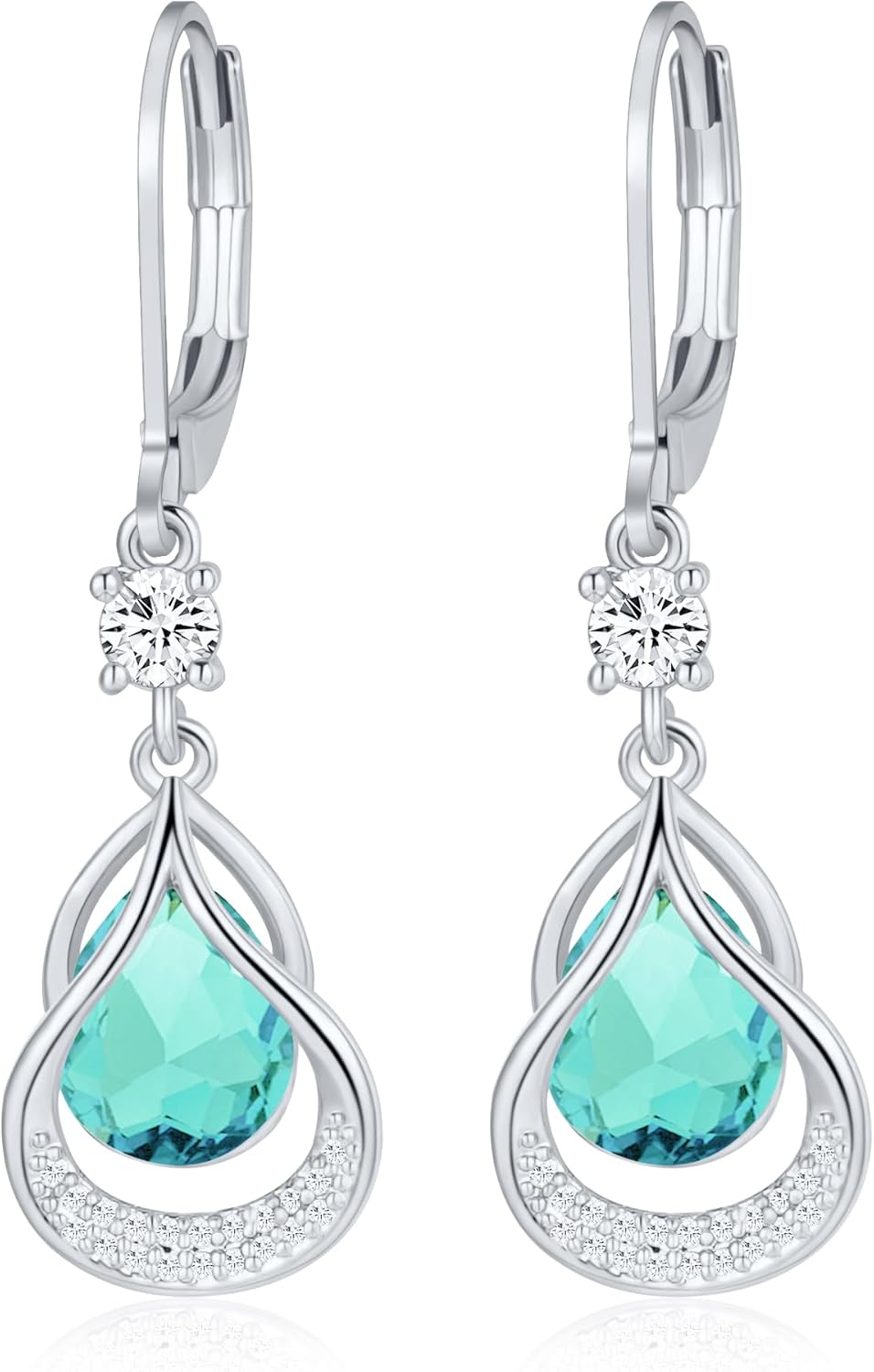 Detalle de Gold Earring Trendy Leverback Birthstone Earrings – 14K White Gold Teardrop Dangle