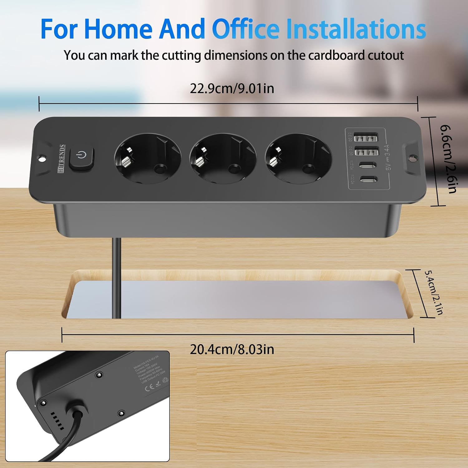 Detalle de HITRENDS HS-FEX-4U-3K inbouwstopcontact met 3 stopcontacten en 4 USB-poorten