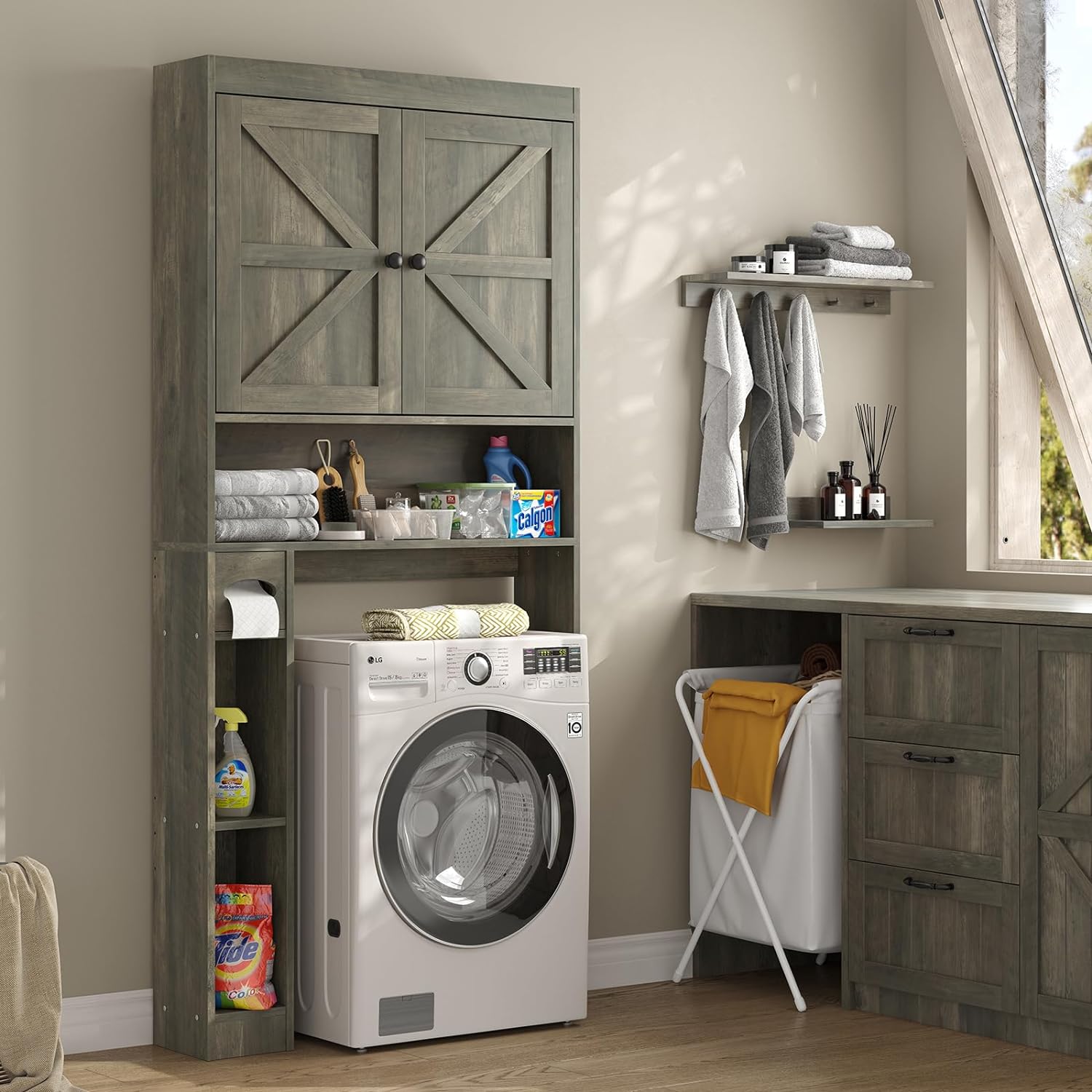 Detalle de Furnideco OT004-GR Over-the-Toilet Storage Cabinet with Barn Doors, 6 Shelves