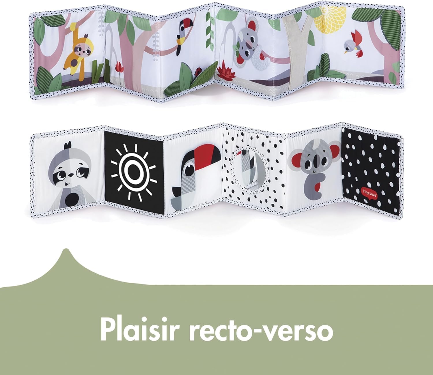 Detalle de Tiny Love Livre Bébé en Tissu Double Face – Livre Sensoriel Noir & Blanc, 7 Activités