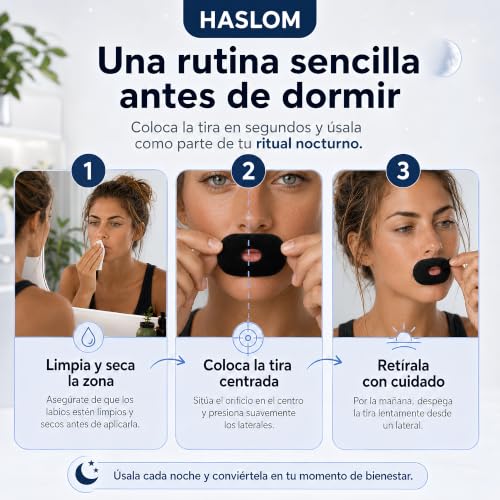 Detalle 2 de HASLOM 60 tiras bucales para dormir negras – Con orificio central y ajuste estable