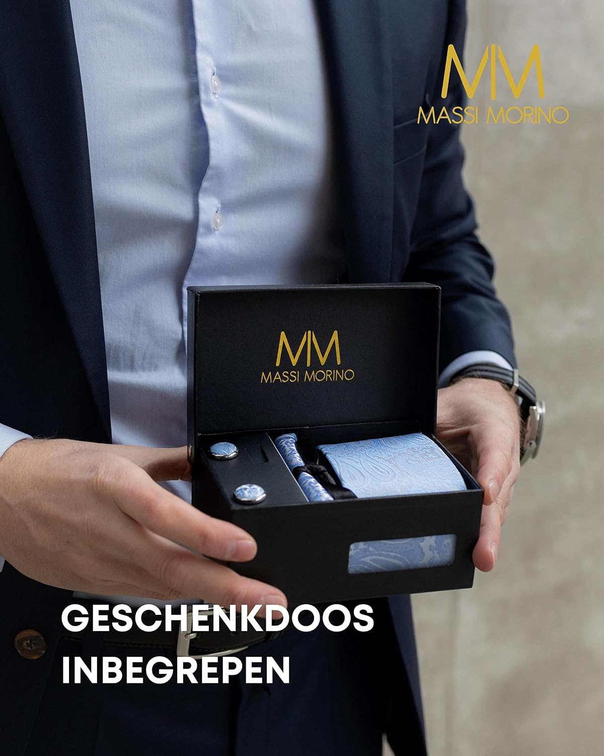 Detalle 1 de Massi Morino herendas als geschenkset met pochet, manchetknopen en dasspeld