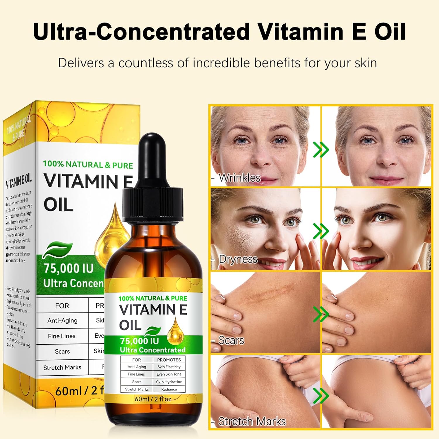 Detalle de Vitamin E Öl 75.000 IE – Reines & Natürliches Haut- & Haarpflegeöl, 60 ML