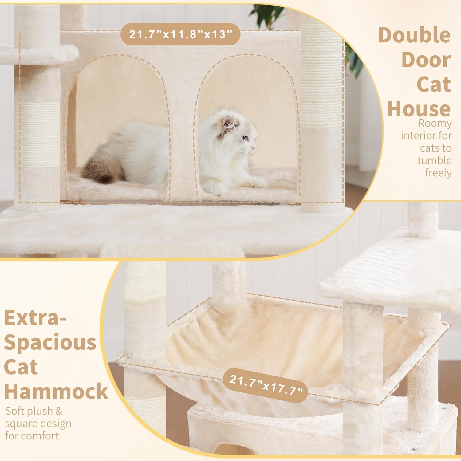 Detalle de Heybly Tall Cat Tree for Large Cats (202 cm) – Multi-Level Indoor Cat Tower with Large Baseboard, Two Plush Top Perches and Big Condo