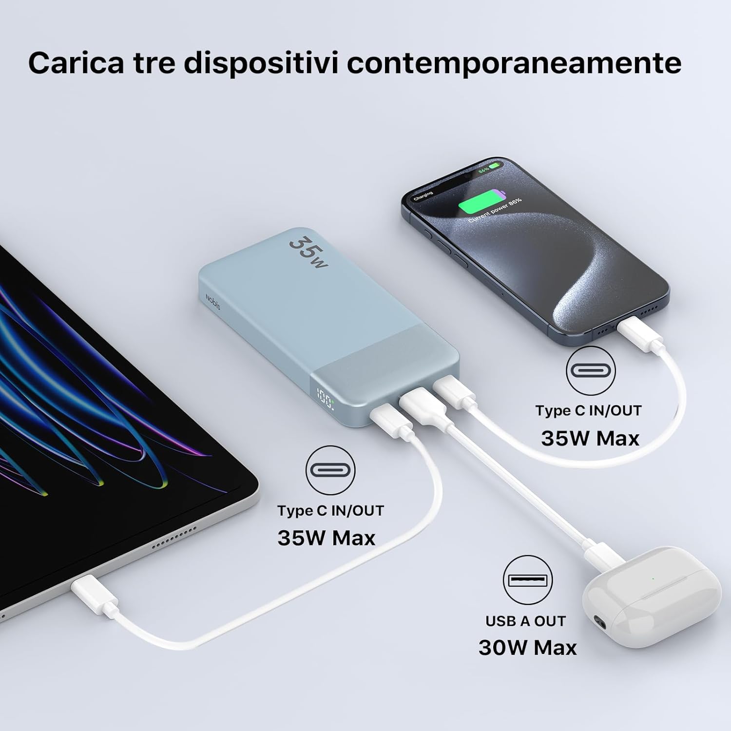 Detalle 2 de NOBIS Power Bank 35W Portatile 10000mAh – ricarica rapida, display e triple uscita