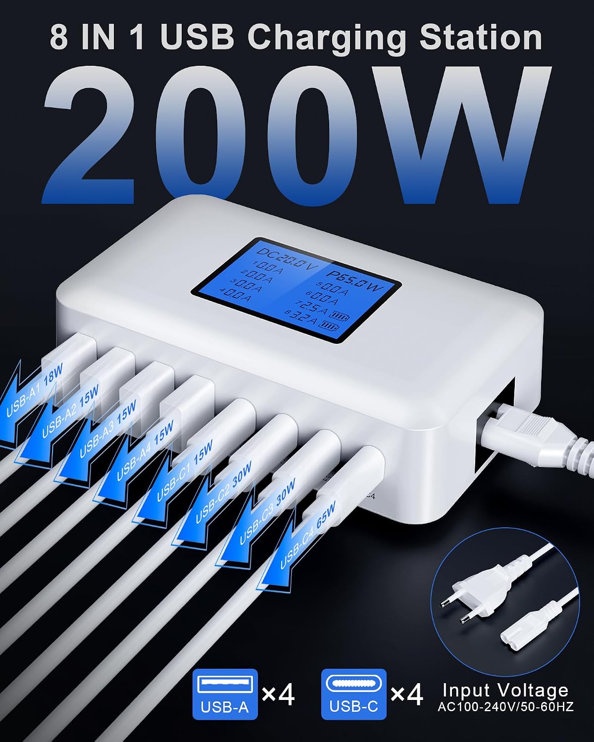 Detalle 2 de RENGOGA USB-laddare med 8 portar, GaN, LED-skärm och 200 W