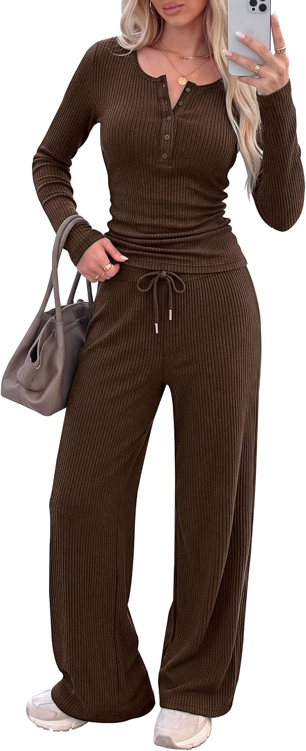Detalle de PRETTYGARDEN PR1669 Two-Piece Rib-Knit Lounge Set with Henley Top and Wide-Leg Pants