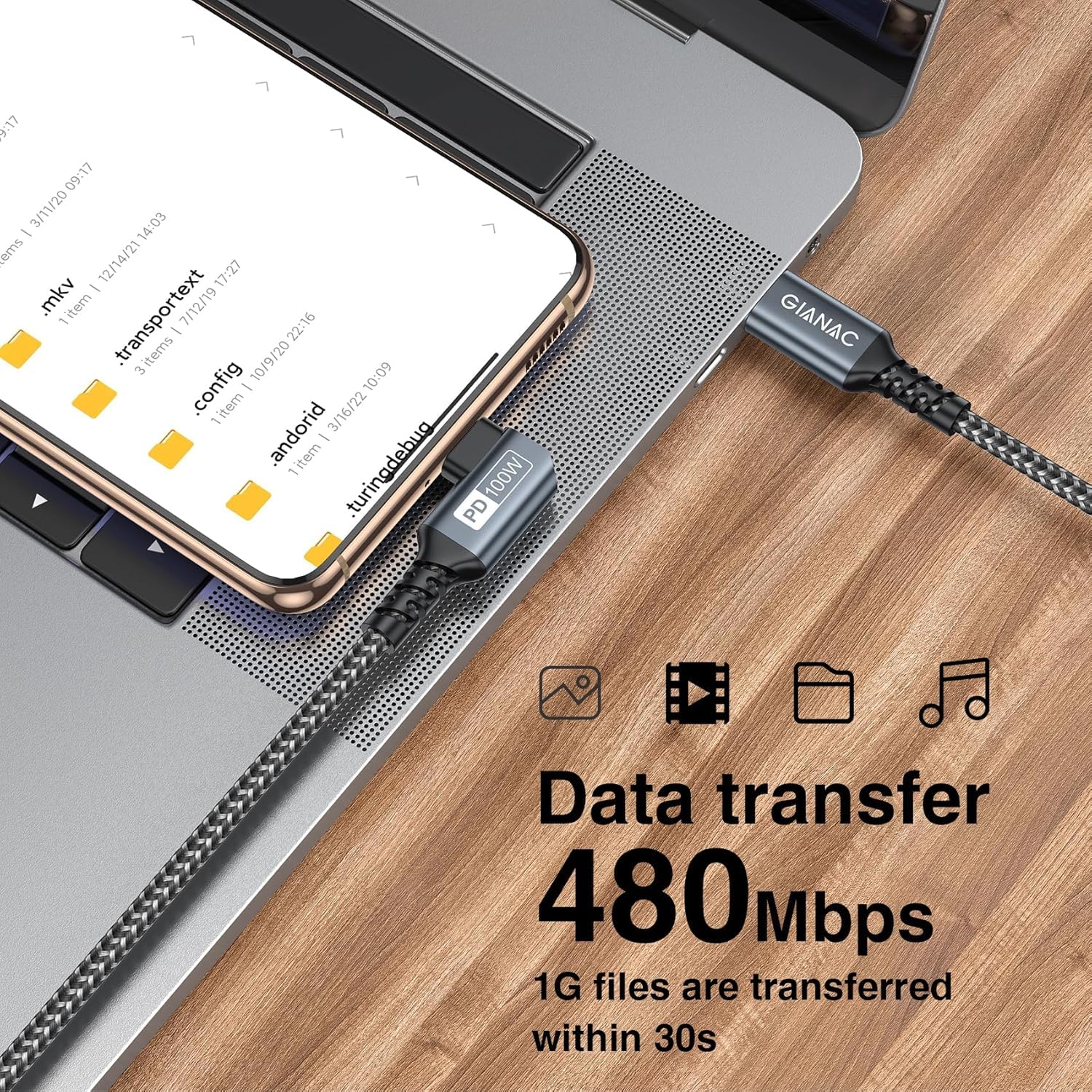 Detalle de GIANAC 100W USB‑C auf USB‑C Kabel 2 m, 90° – Schnellladekabel mit E‑Mark Chip