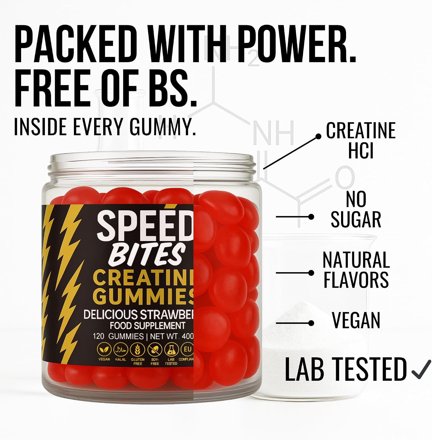 Detalle 2 de Speed Bites SBHClRED120 creatine HCl-gummies, suikervrij en vegan
