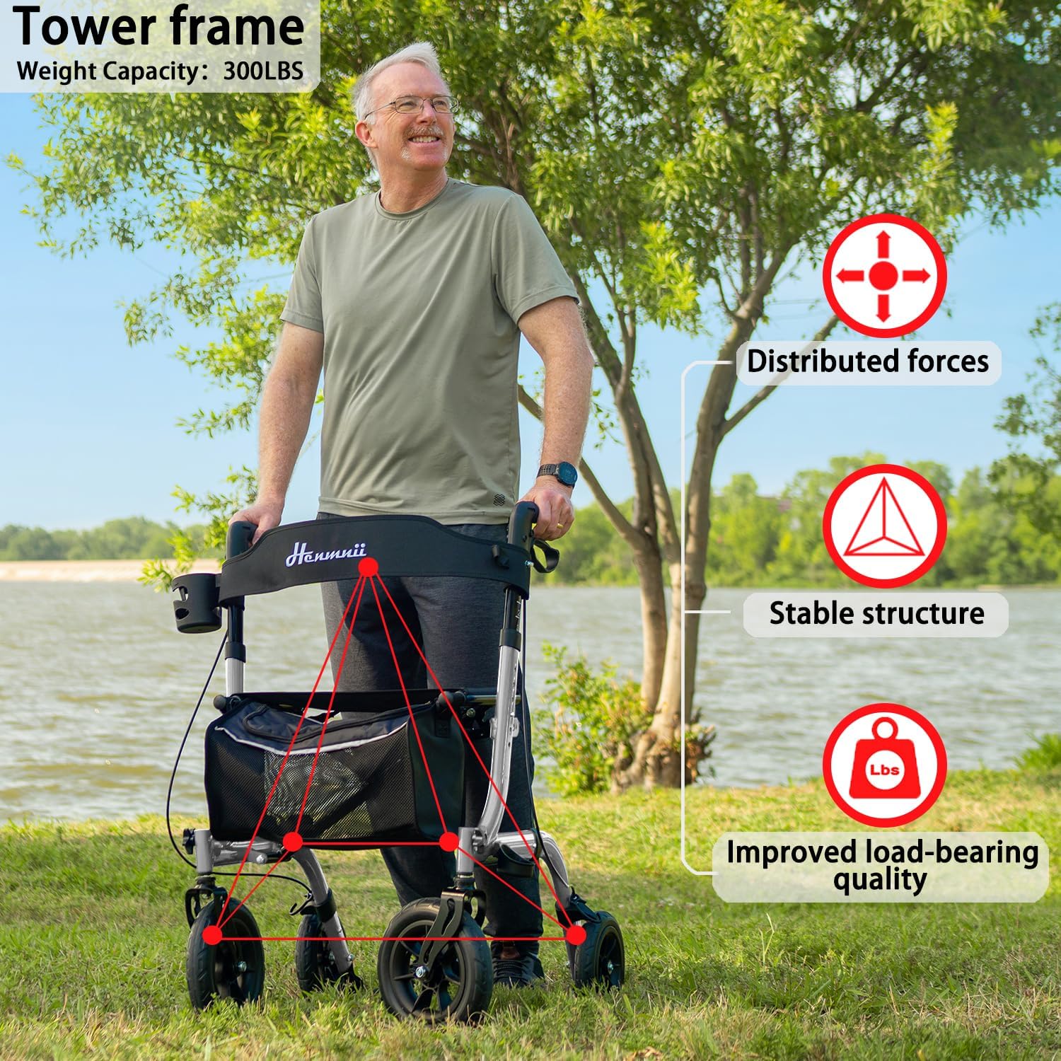 Thumbnail 4 de Henmnii Rollator Walker for Seniors — Lightweight, All-Terrain Foldable Aluminium Frame with Seat and 10in Wheels