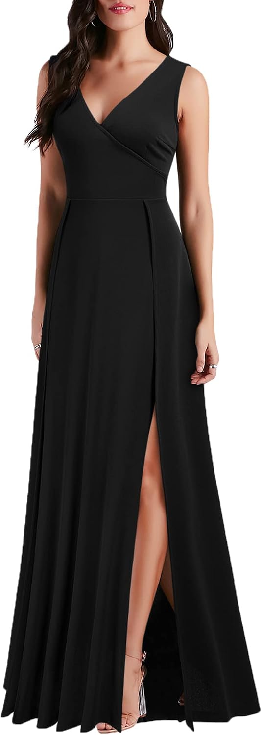 Detalle de MUSHARE Women’s V Neck Sleeveless Split Formal Dress (Bodycon, High Waist)