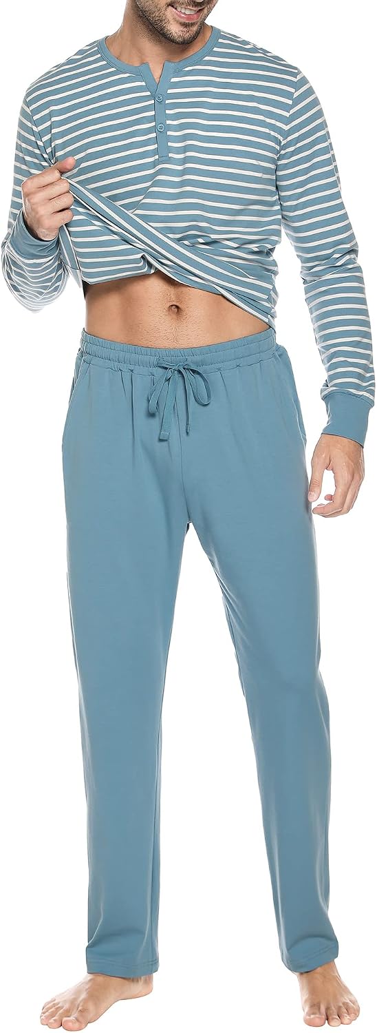 Detalle 2 de Winovia Herren Schlafanzug Langarm mit Streifen – Baumwolle Pyjama-Set