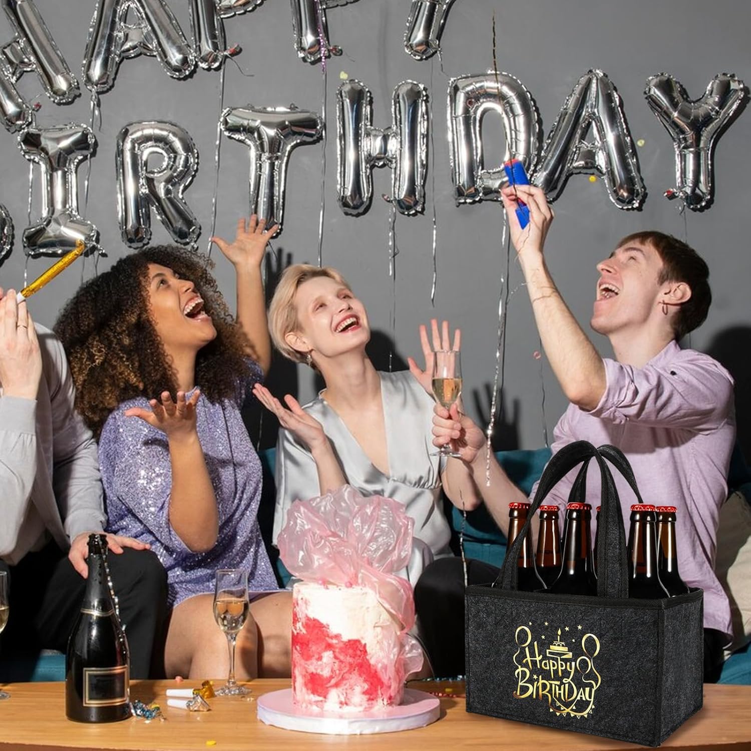 Detalle de KHstylehoo Männerhandtasche Bier – Flaschentasche für 6 Flaschen mit „Happy Birthday“-Design