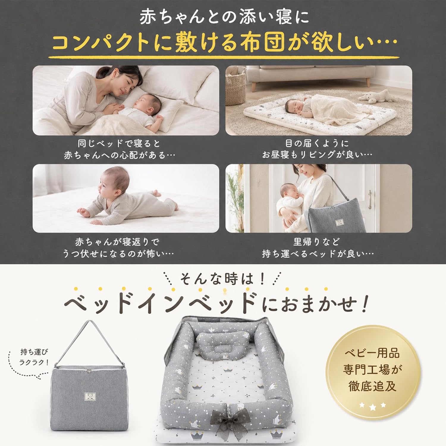 Detalle de Luddy HM-XBKT ベッドインベッド 折りたたみ式・持ち手付き・綿カバー・グレーのクラウン柄