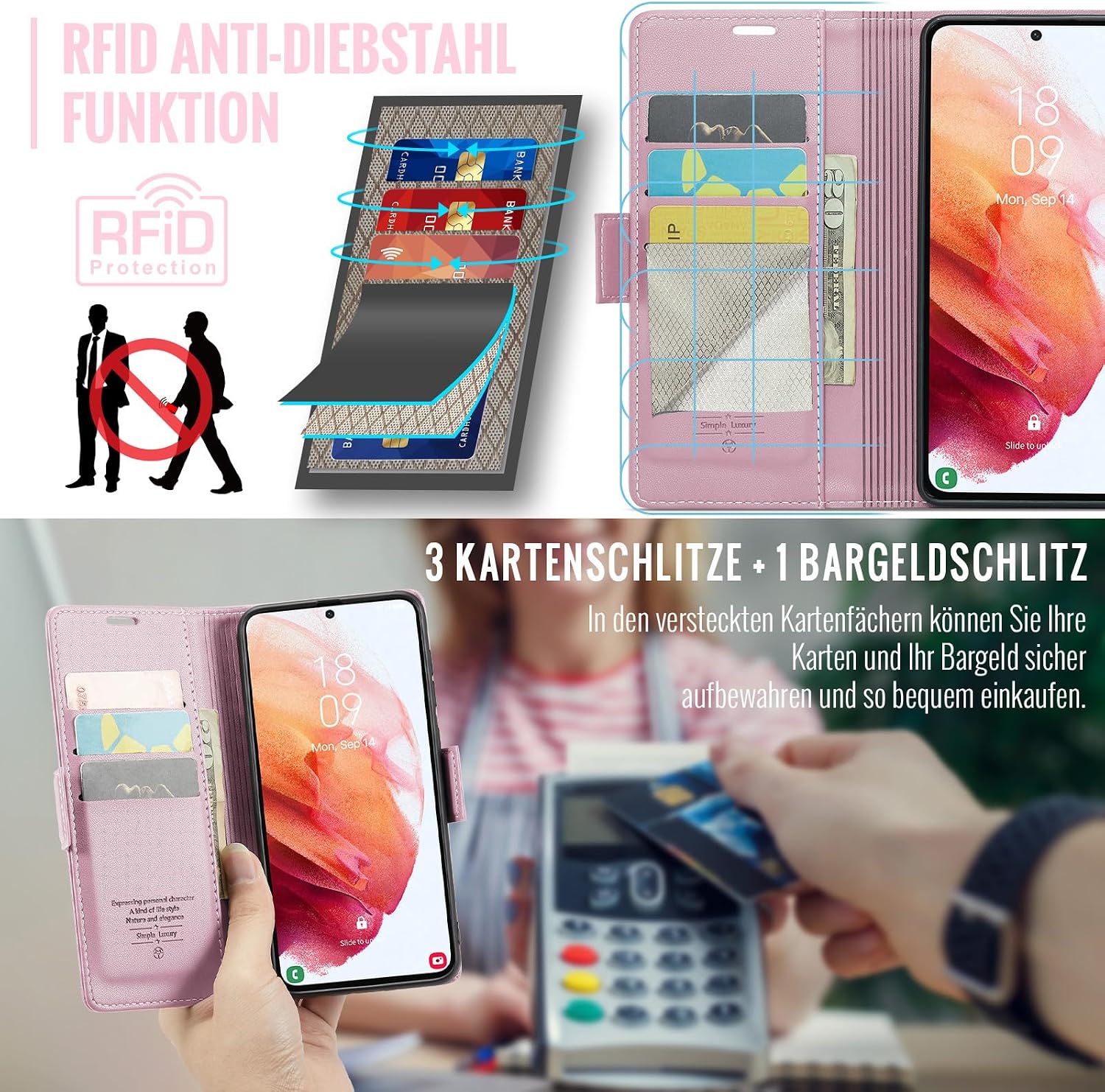 Detalle de Phernykas Handyhülle Samsung S21 – Leder-Wallet mit Kartenfach, Standfunktion und RFID-Schutz (Golden)