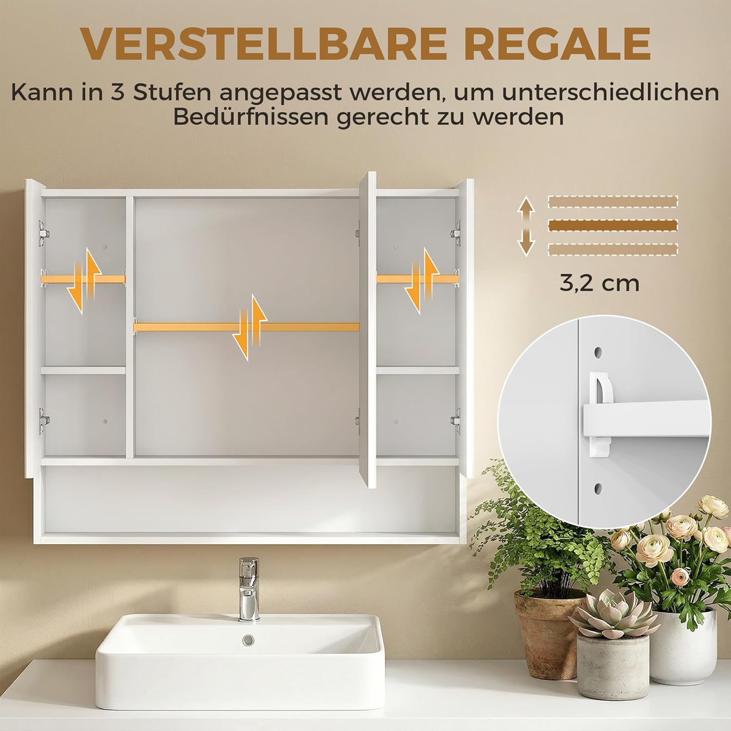 Detalle de kleankin Armoire murale de salle de bain avec miroir (3 portes, 90 x 15 x 75 cm) en blanc
