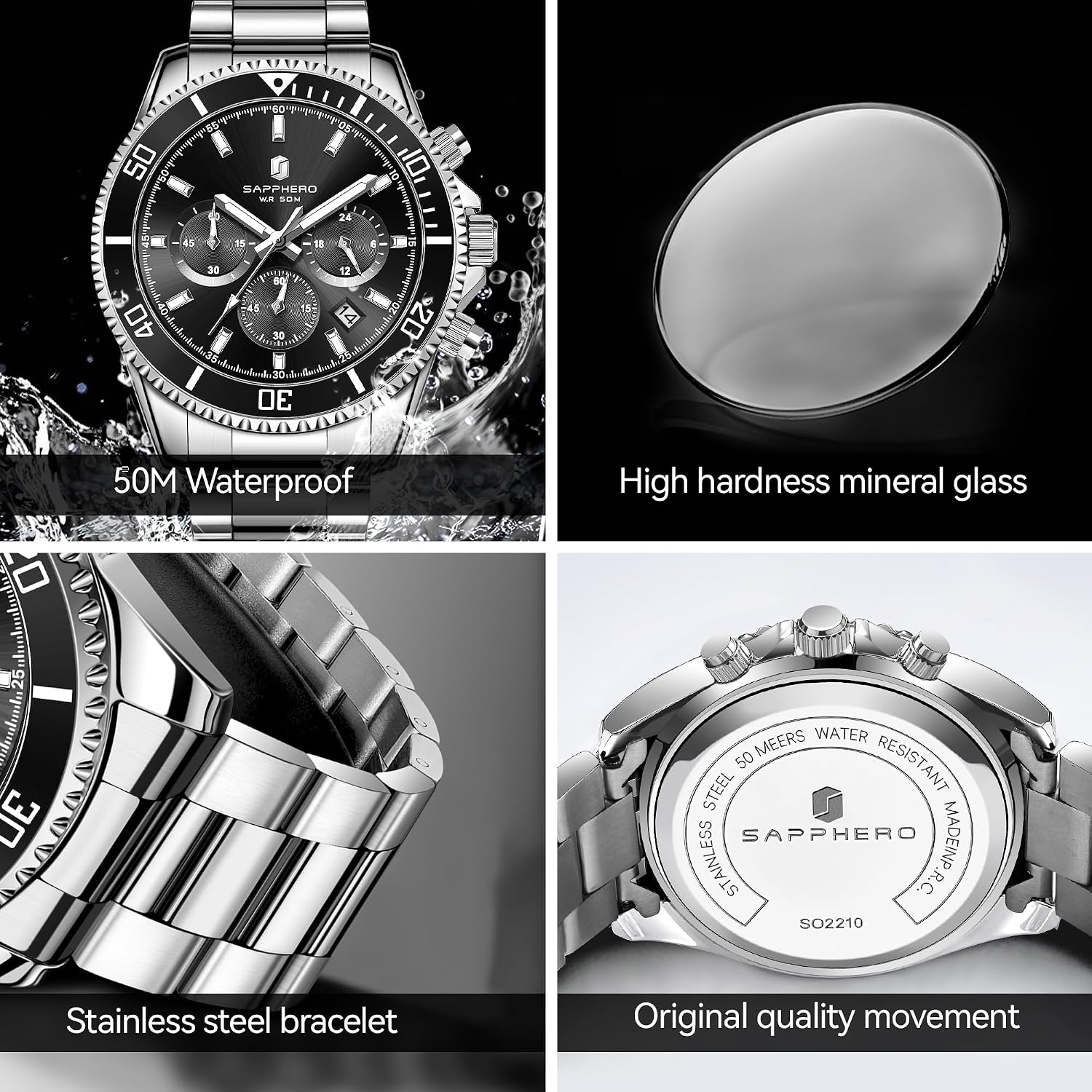 Detalle 2 de SAPPHERO Herrenuhr Chronograph Analog Quarz – Edelstahl, 50 m Wasserfest, Kalender, 42 mm