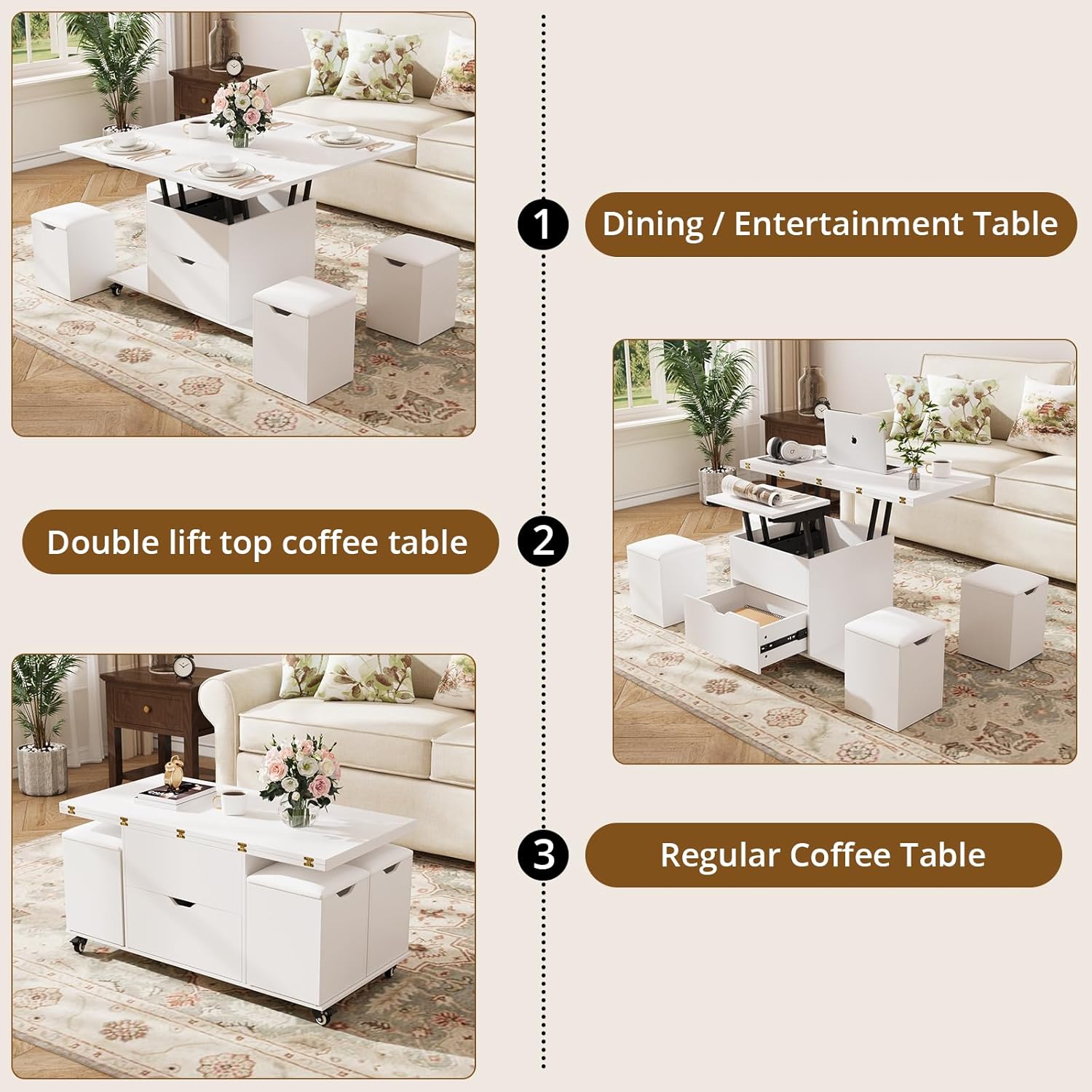 Detalle de VOWNER Table Basse Relevable 3 en 1 avec tiroir et 4 tabourets (blanc) — transformable en table à manger