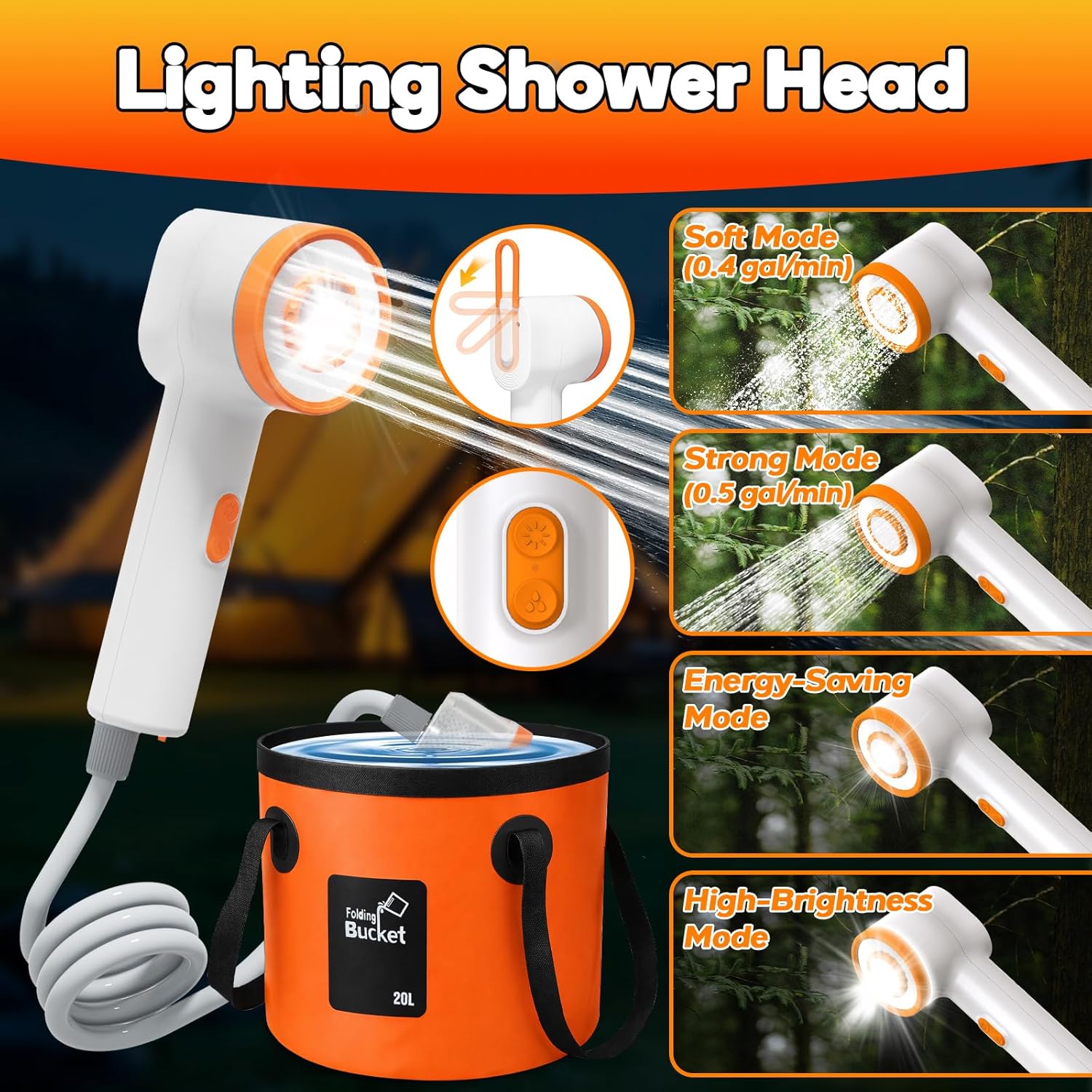 Detalle 2 de Portable Camping Shower with LED Light and 5.3-Gallon Foldable Bucket