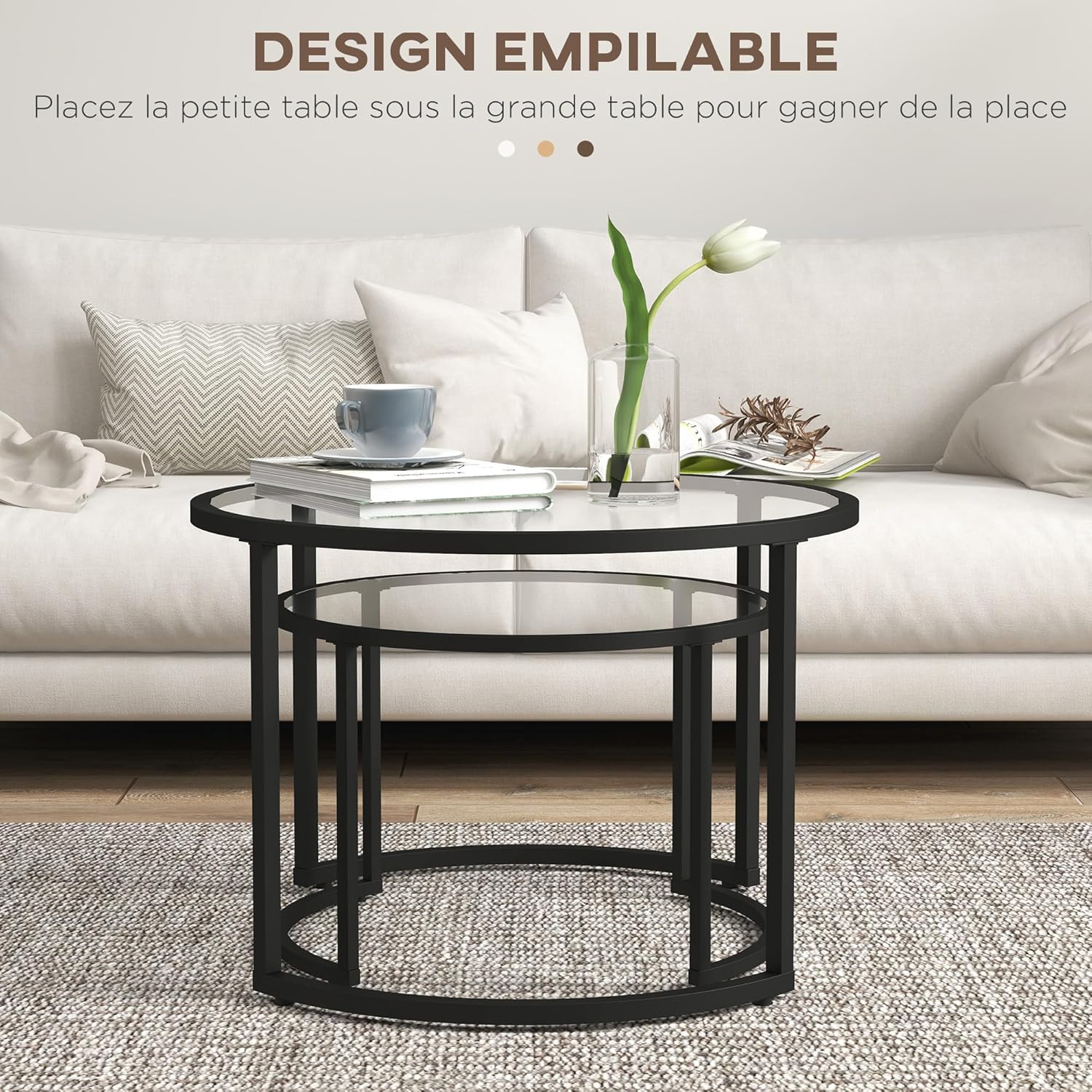 Thumbnail 3 de HOMCOM Lot de 2 Tables Basses gigognes rondes 70/54 cm — Plateau verre trempé et pied en acier au carbone noir