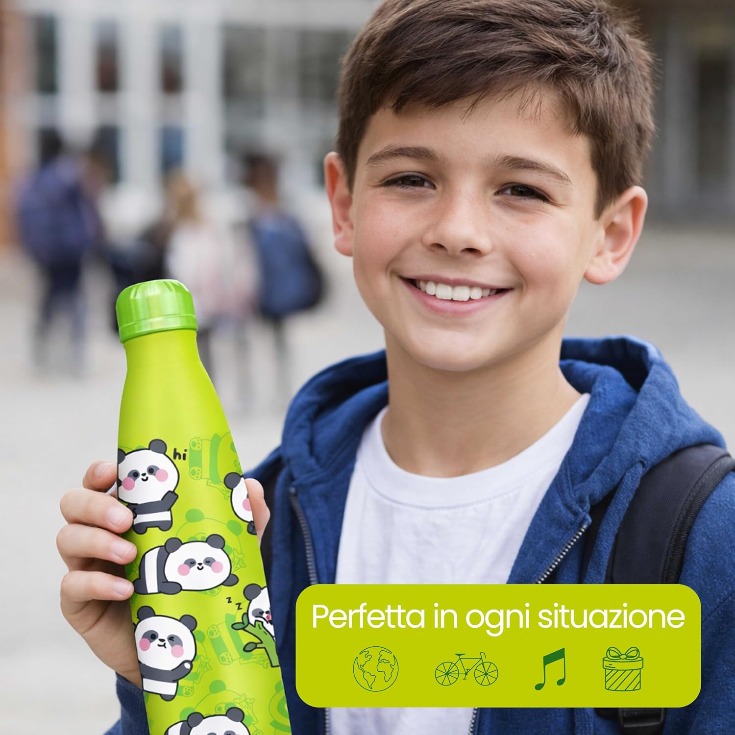 Detalle 2 de Cartomania Borraccia termica chill & refill panda verde 500 ml, acciaio BPA free