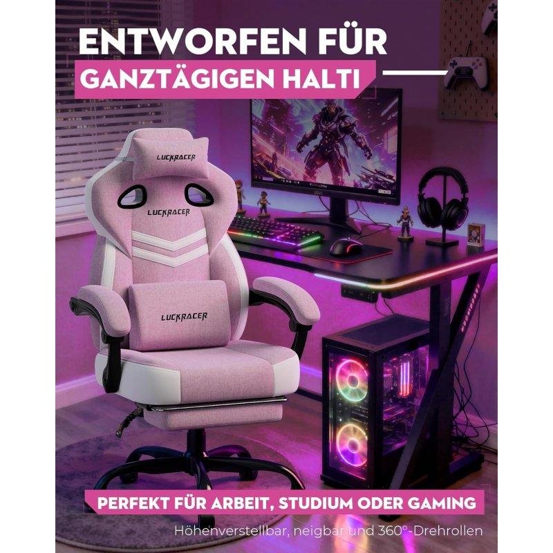 Detalle de GTPLAYER sillón gaming rosa de tela, reclinable hasta 155° y con reposapiés