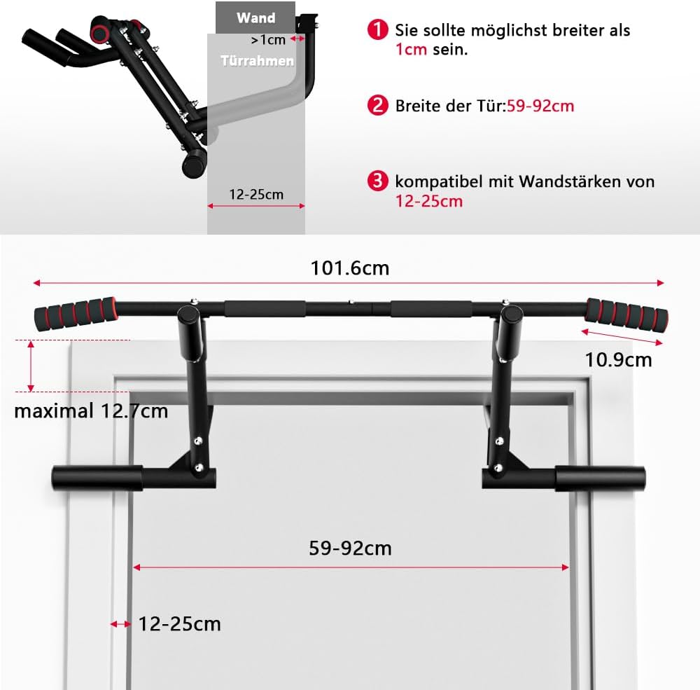 Detalle de ONETWOFIT Barra per trazioni da porta con manici antiscivolo, pieghevole, carico fino a 210 kg