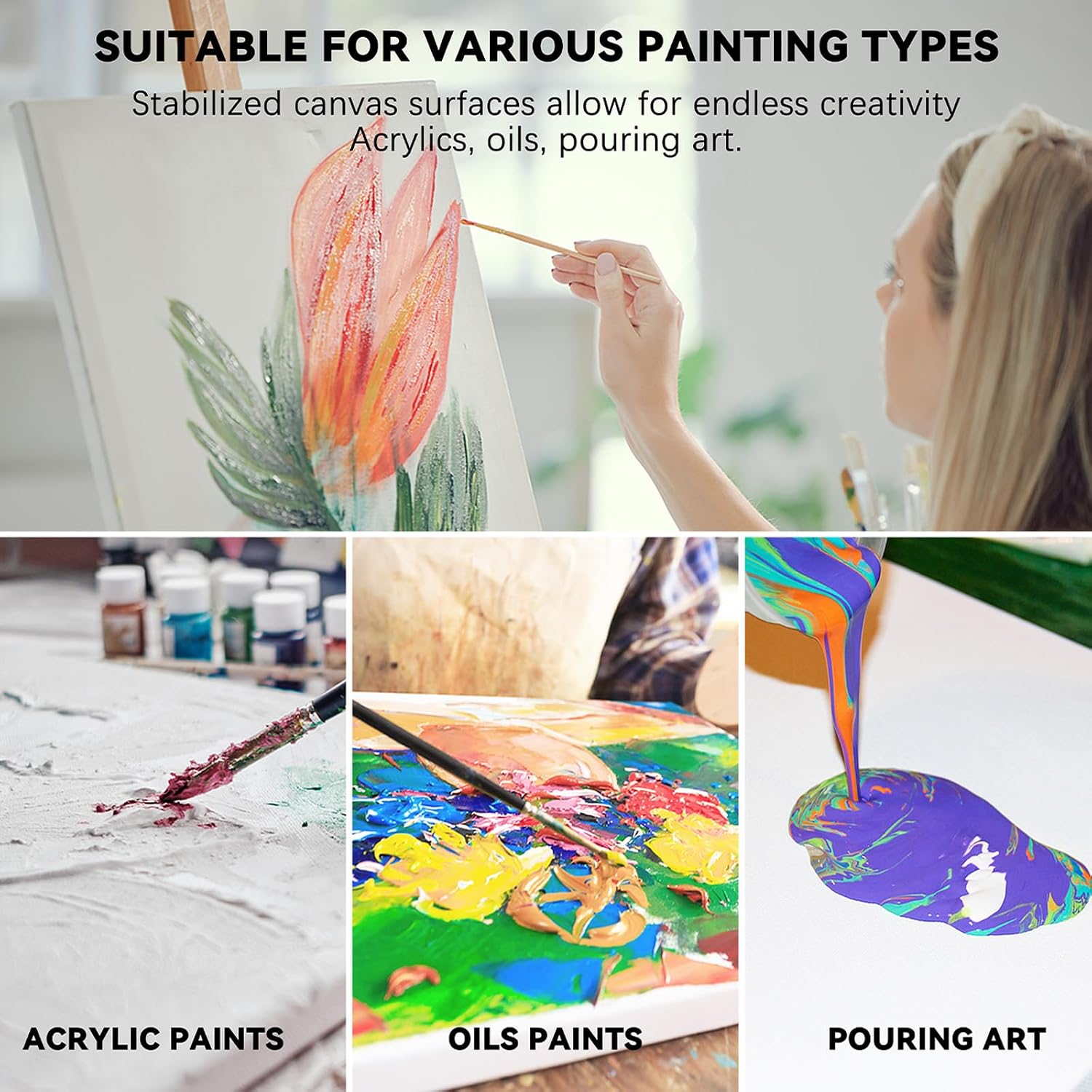 Detalle de 10 Pack Canvas for Painting – 30x40, 28x35, 23x30, 20x25, 13x18cm Blank Canvases (Cotton, Pre-Primed) for Oils and Acrylics
