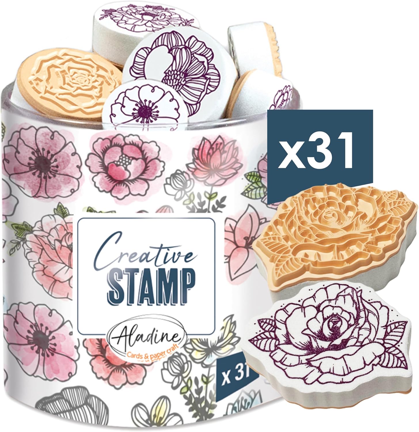 Aladine 31 Stempel-Set Blumen – Stempelkit für Karten, Scrapbooking und Bullet Journal