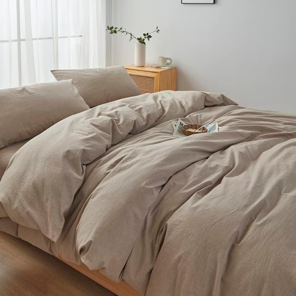 Detalle 2 de FACE TWO FACE Queen Washed Cotton Duvet Cover Set, Khaki, Linen-Like Texture