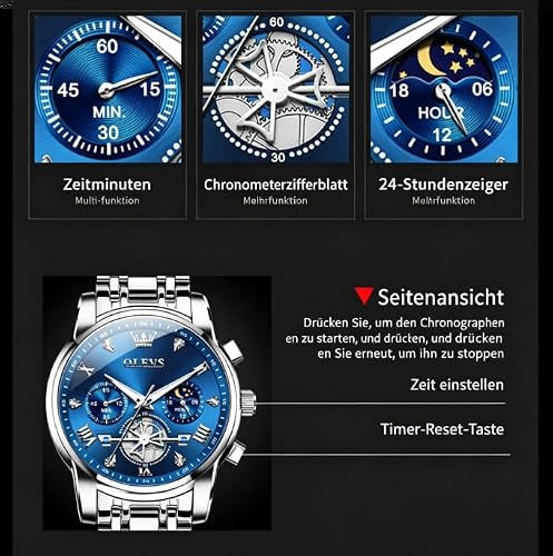 Detalle de OLEVS Chronograph Herrenuhr 42 mm Edelstahl, Quarz, 3 ATM wasserdicht – Silberblaues Zifferblatt