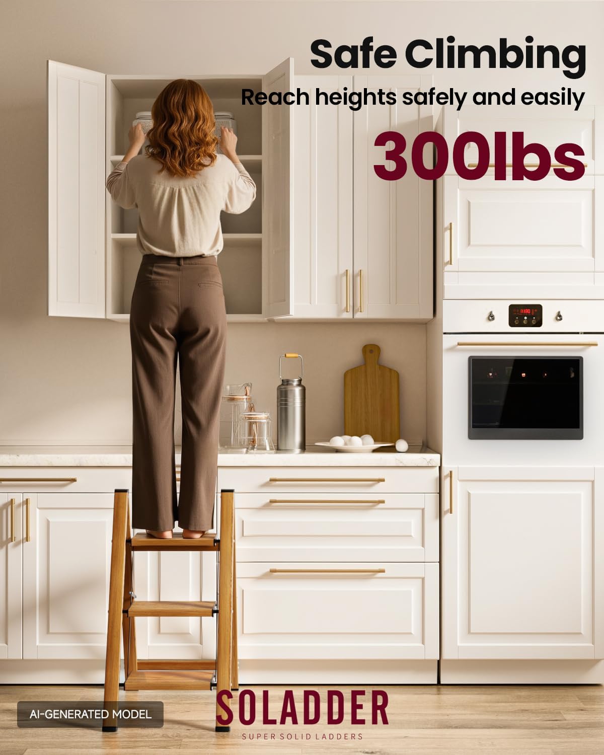 Detalle 2 de Soladder 3stepladder-B Folding Step Ladder, 3-Step Woodgrain Design