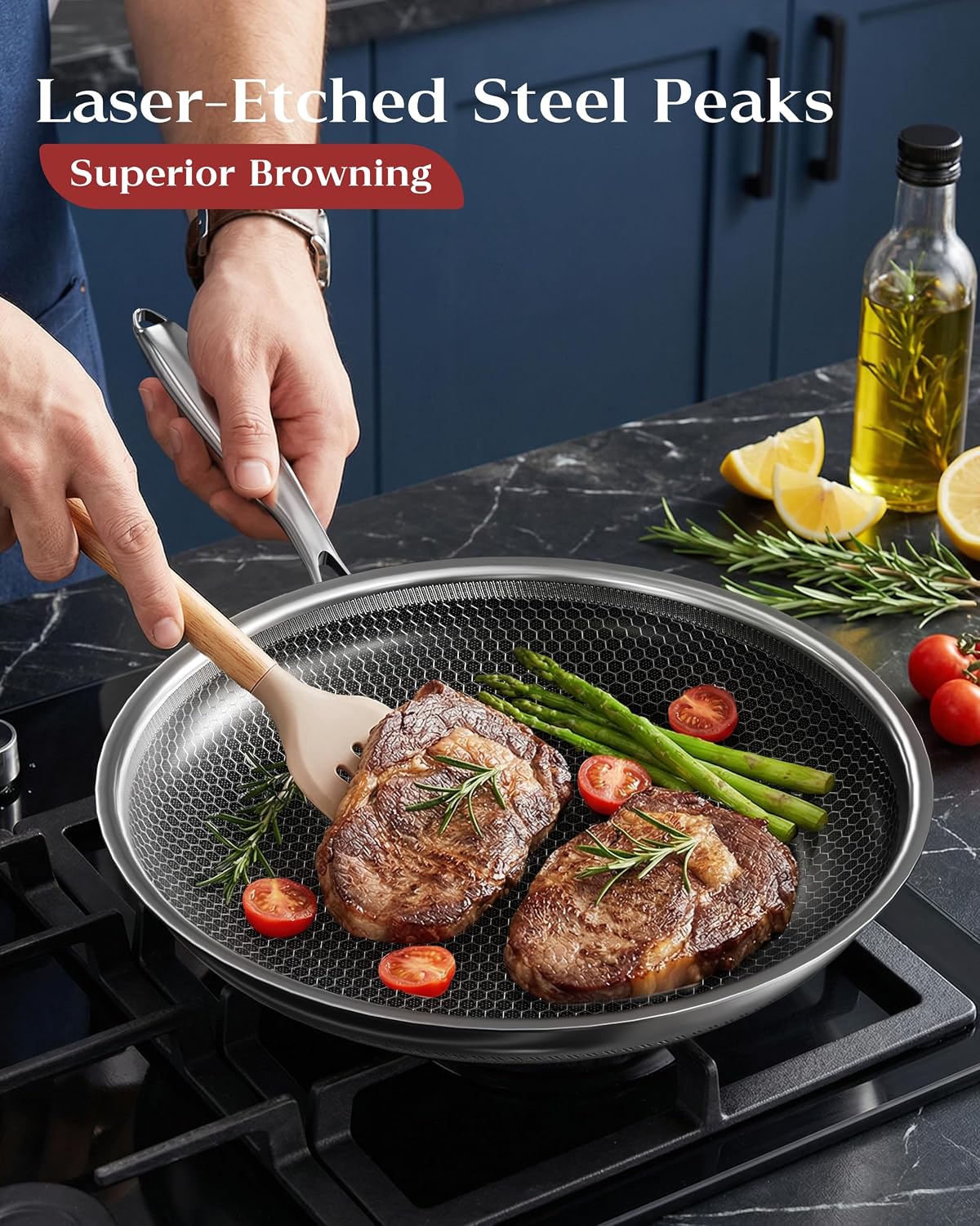 Detalle de XBM 12-Inch Nonstick Frying Pan with Lid: Durable Tri-Ply Stainless Steel for Healthier, Easy Cooking