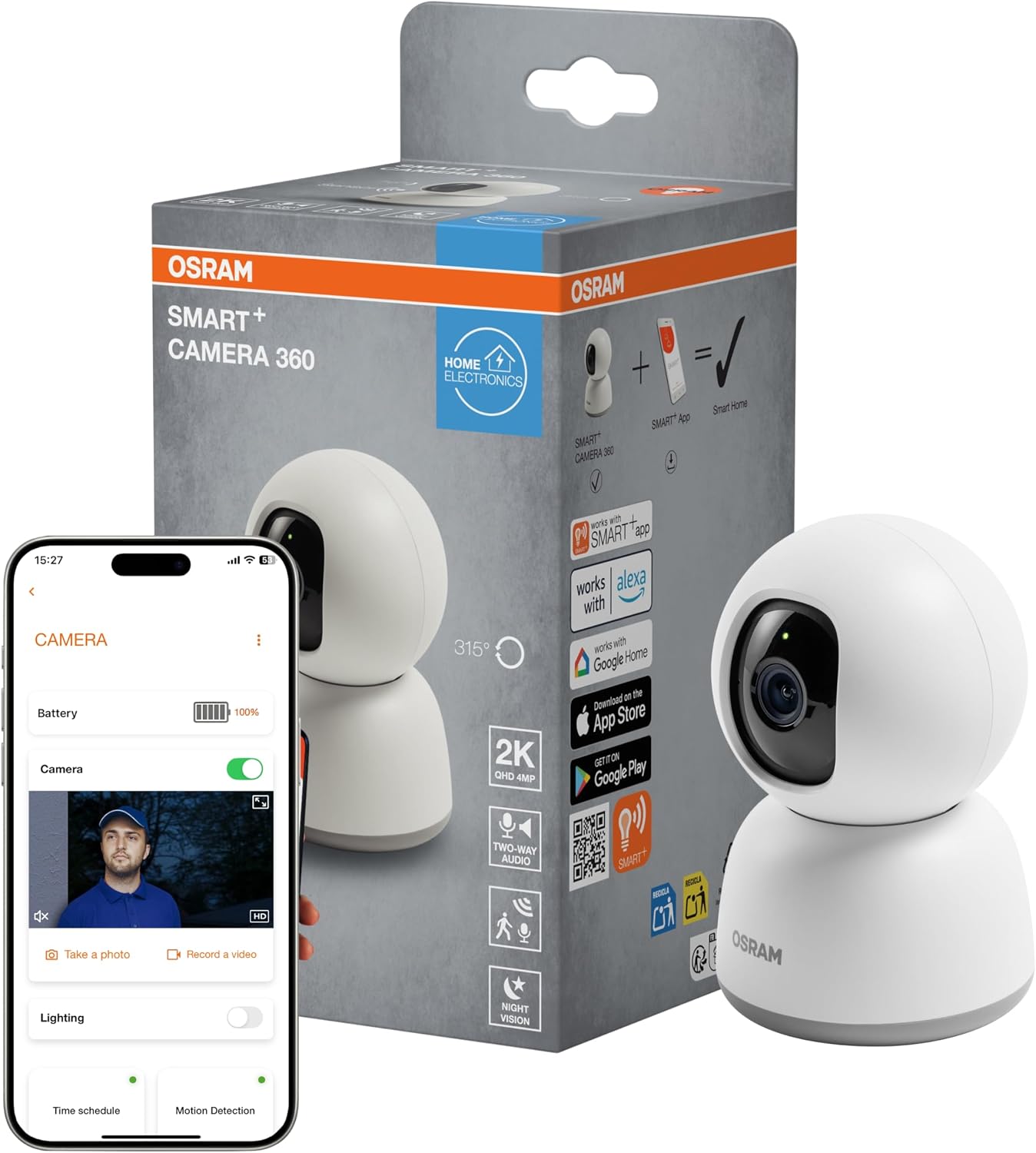 OSRAM Telecamera SMART+ WiFi 360° 4MP 2K QHD con Pan-Tilt, visione notturna 7m e audio bidirezionale