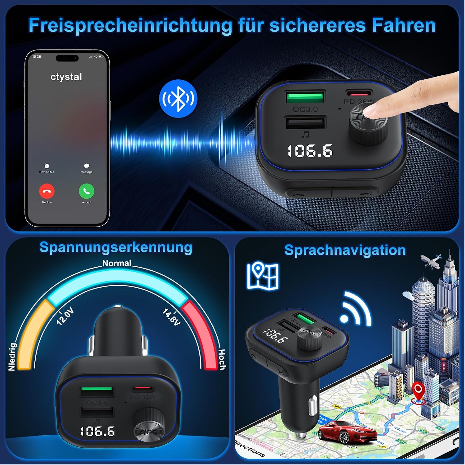 Detalle 2 de Bluetooth Adapter Auto FM Transmitter PD 36W QC3.0 18W Schnelles Autoladegerät KFZ Bluetooth 5.3 HiFi Sound Musik-Player Radio Zigarettenanzünder USB C Freisprechanlage Unterstützt BT U-Disc
Bluetooth Adapter Auto FM Transmitter PD 36W QC3.…