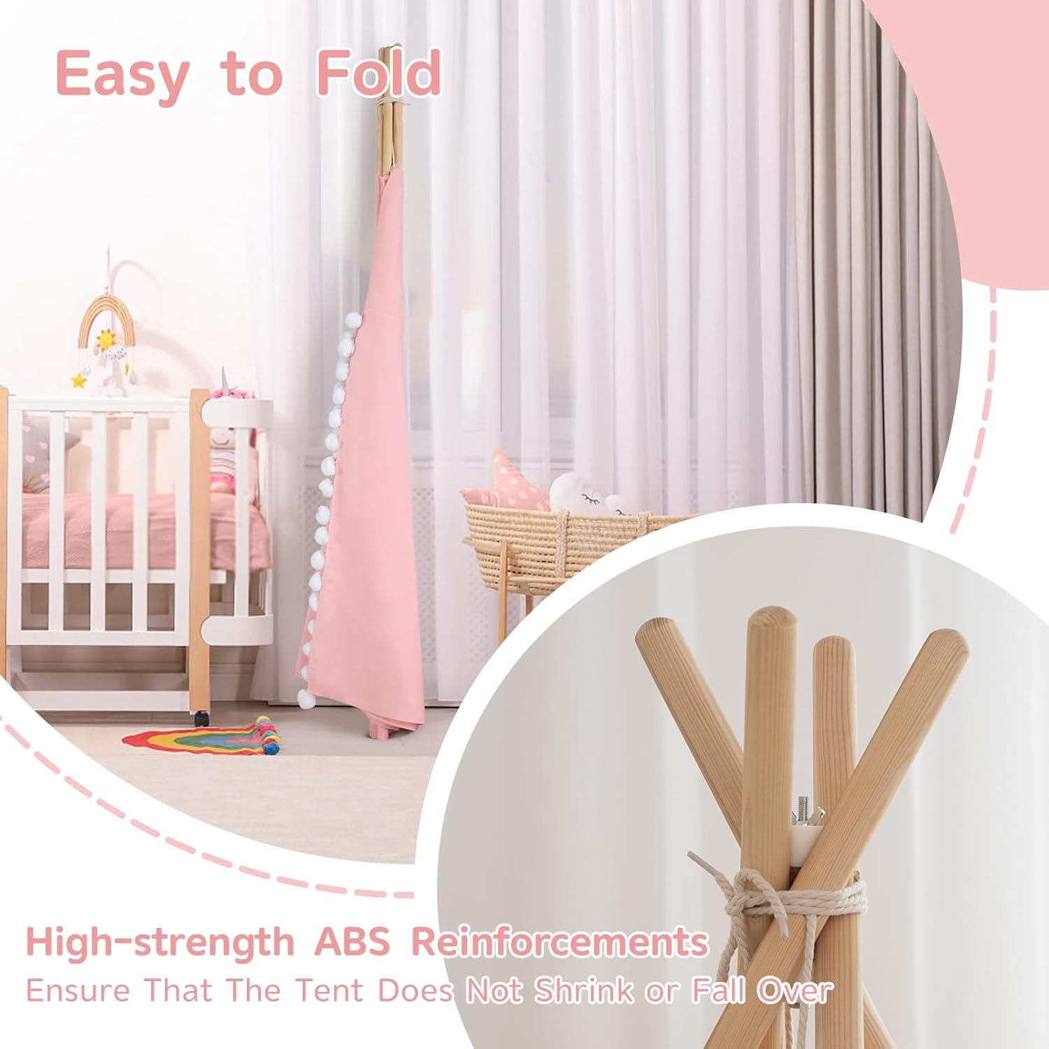 Thumbnail 5 de WIRHAO Kids Teepee Tent with Padded Mat, Cotton Canvas & Stars Lights (Pink)