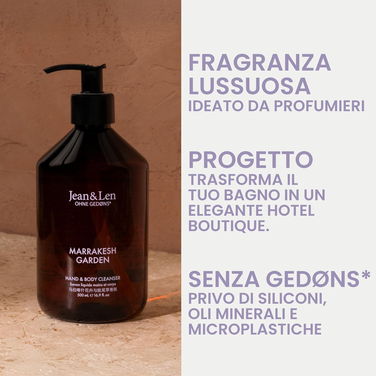 Detalle 2 de Jean & Len Detergente Corpo e Mani Marrakech Garden 500 ml: pulizia profumata e vegana