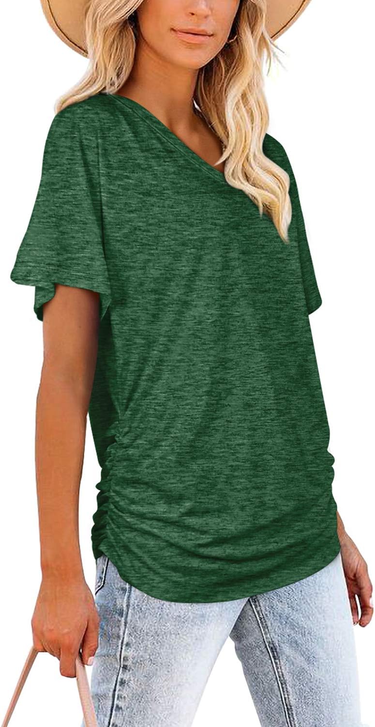 Thumbnail 2 de WIHOLL Women’s V-Neck Dolman Tees with Side Shirring (Short Sleeve, Loose Fit)