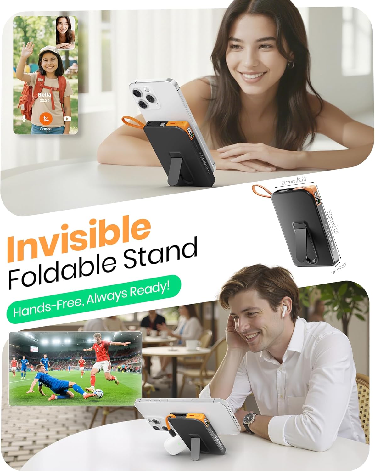 Thumbnail 2 de for Magsafe 10000mAh Power Bank with Foldable Magnetic Stand & Built-in USB-C Cable (Black)