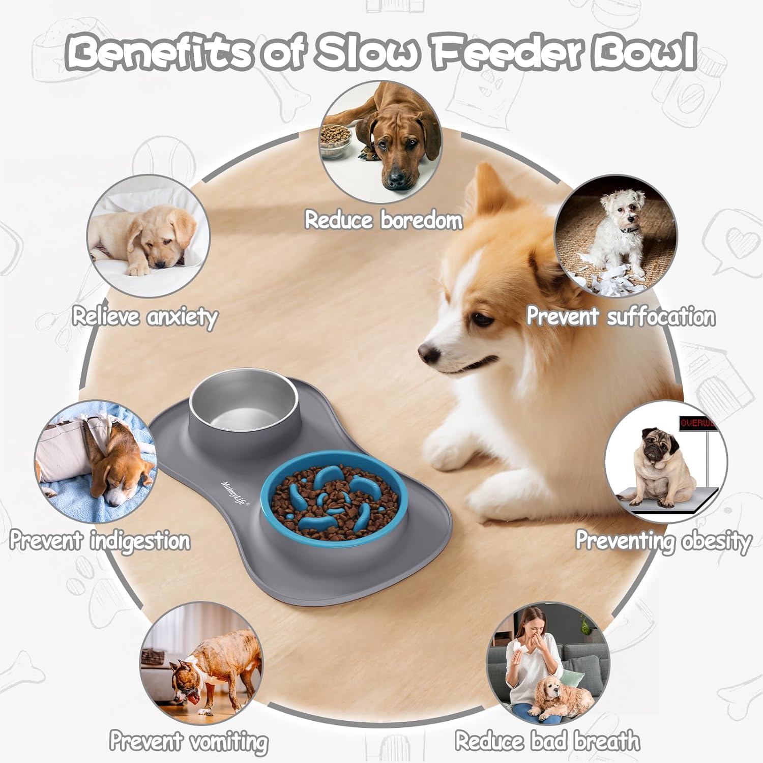 Thumbnail 2 de MateeyLife Dog Bowl Slow Feeder Set 3 in 1 with Stainless Steel Bowls & Non-Spill Silicone Mat