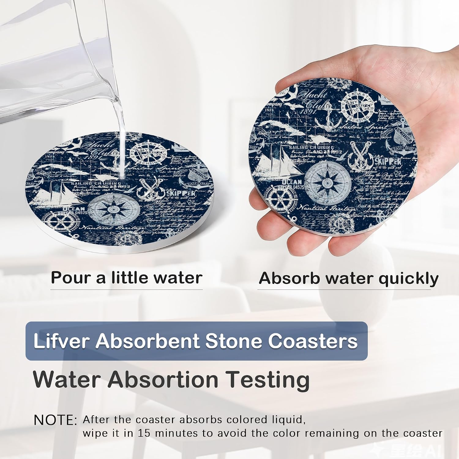 Detalle de Anchor Navy Blue 6-Pack Absorbent Ceramic Coasters with Cork Base & Holder (10cm)