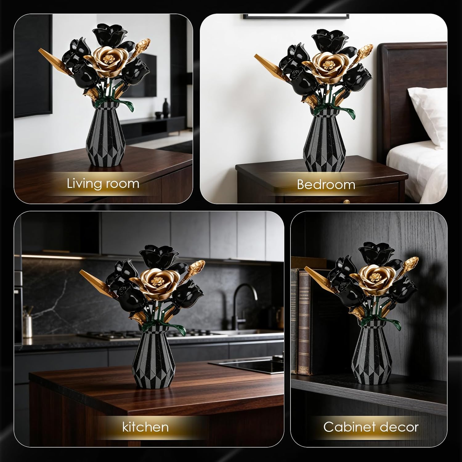 Thumbnail 2 de Black Roses Flower Bouquet Building Set with Vase – 255 Pieces, Gothic Blueprinted Floral Display