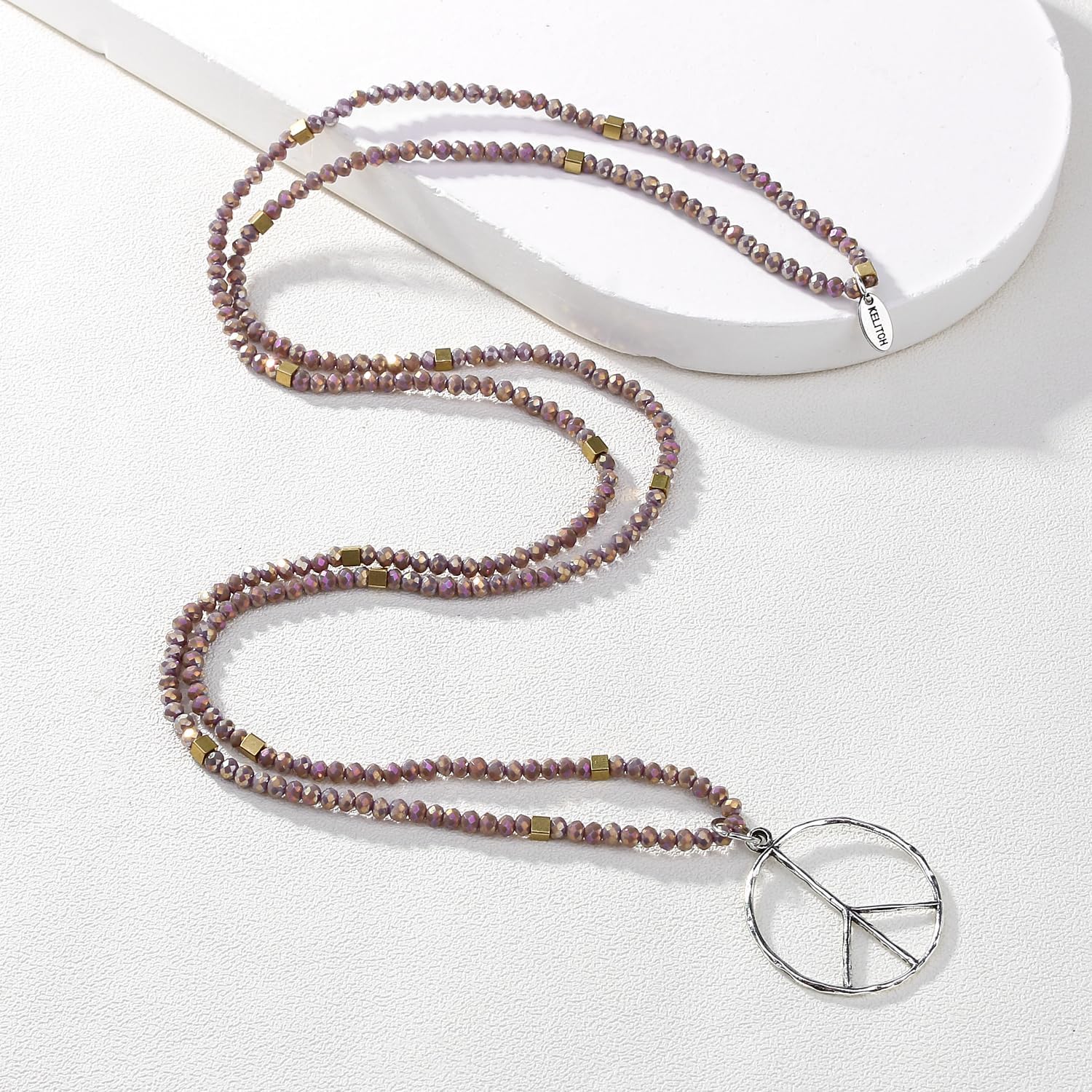 Detalle 2 de KELITCH Classic Peace Anhänger Halskette „Love“ mit Frosted Crystal Perlen (lila, A)