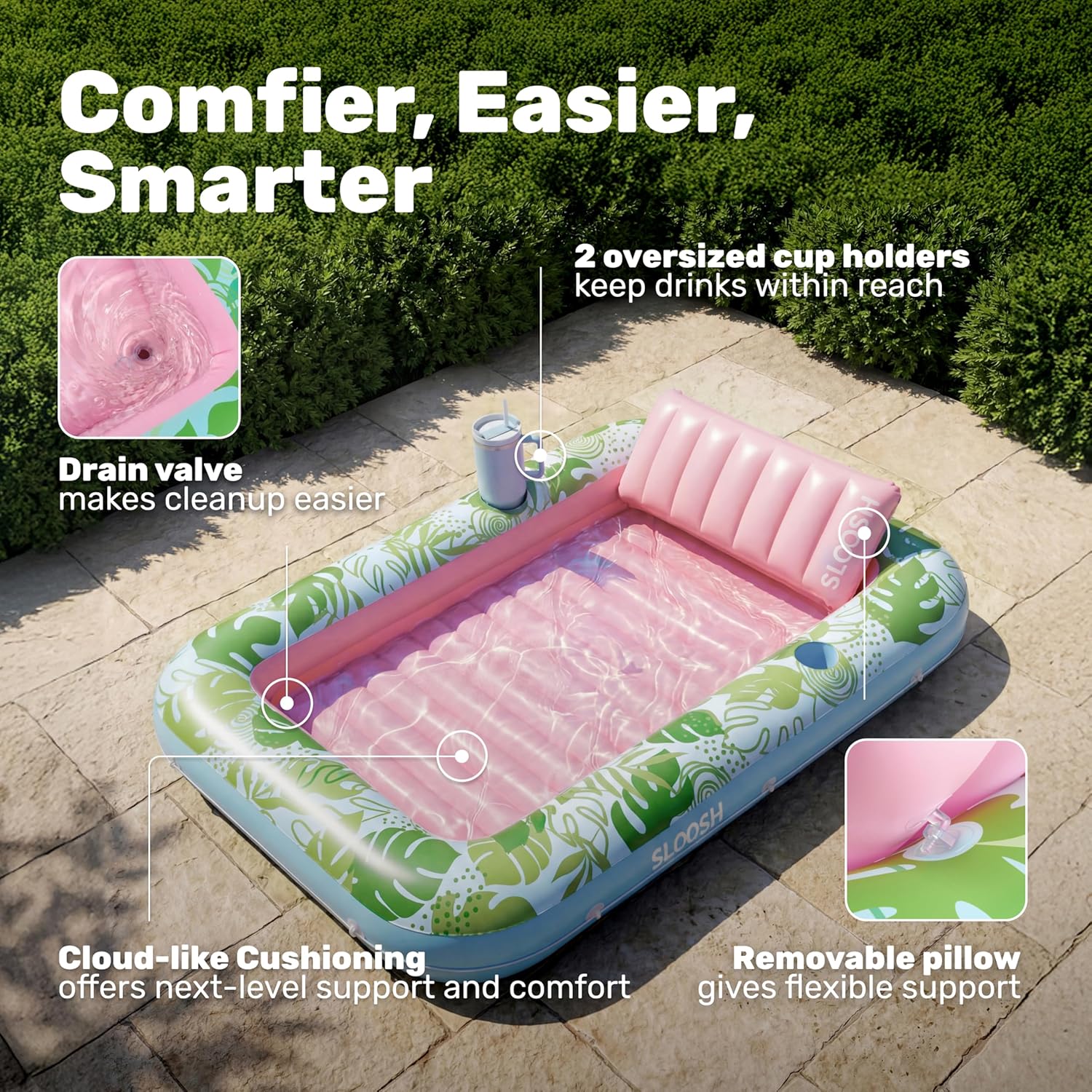 Detalle de SLOOSH Inflatable Tanning Pool Lounger (85 x 57 inches) – XL 4-in-1 Floating Bed for Adults