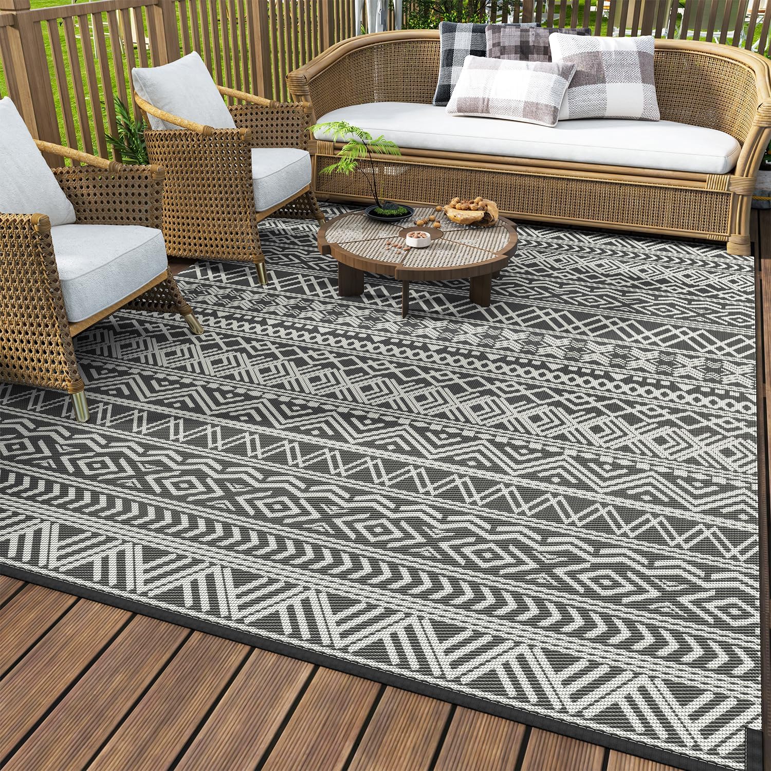 MontVoo Outdoor Rug Carpet Waterproof 5x8 — Reversible Boho Outdoor Mat for Patio, RV, Camping
