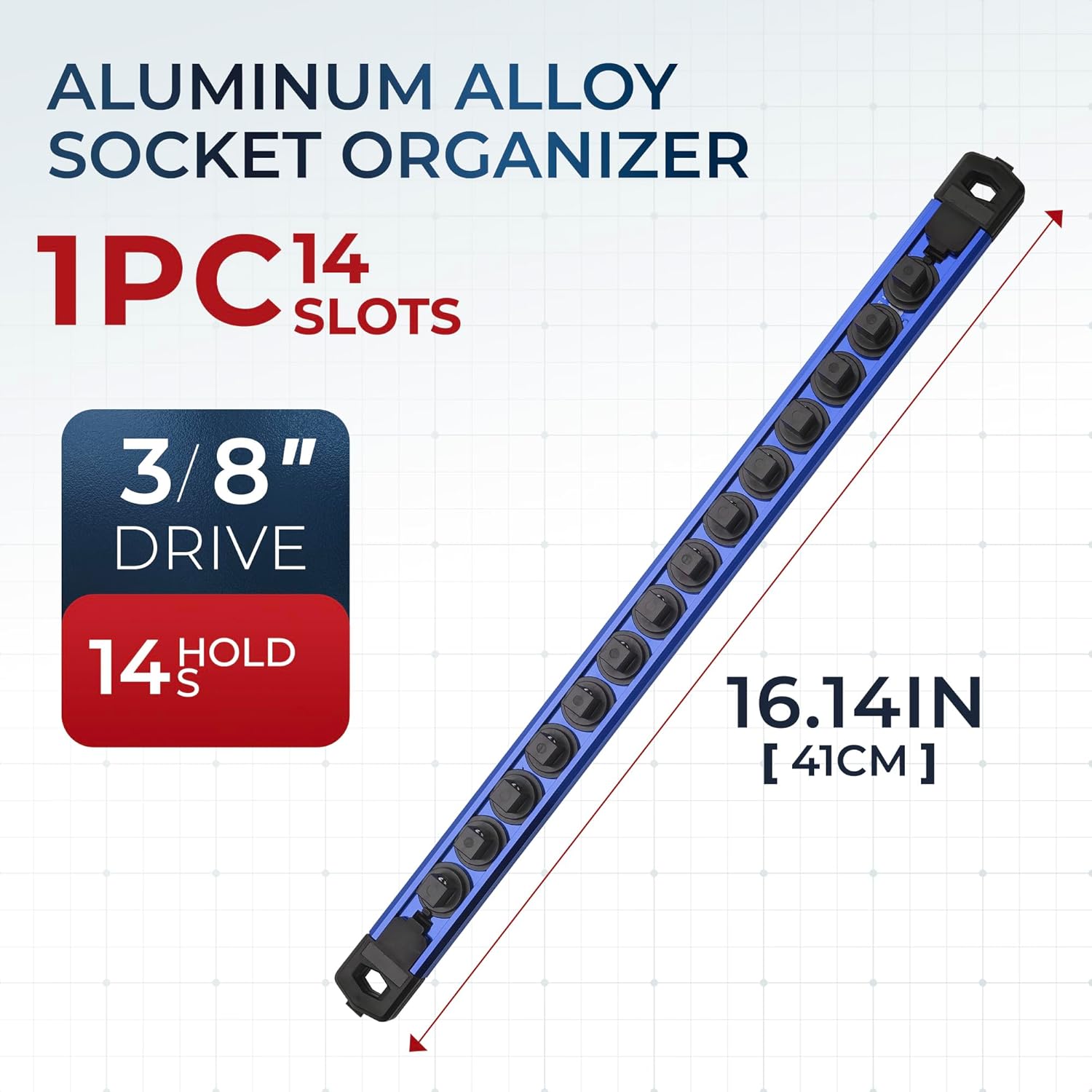 Thumbnail 5 de Reniteco Magnetic Socket Organizer (3/8" Drive) Aluminum Alloy Rail with 14PC 360° Swivel Clips, Blue